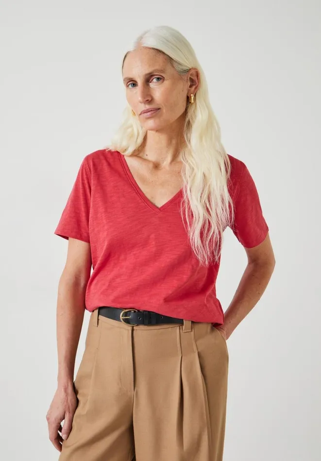 Hush Tops and Tshirts Women Kali Cotton Slub VNeck TShirt Dusty Red