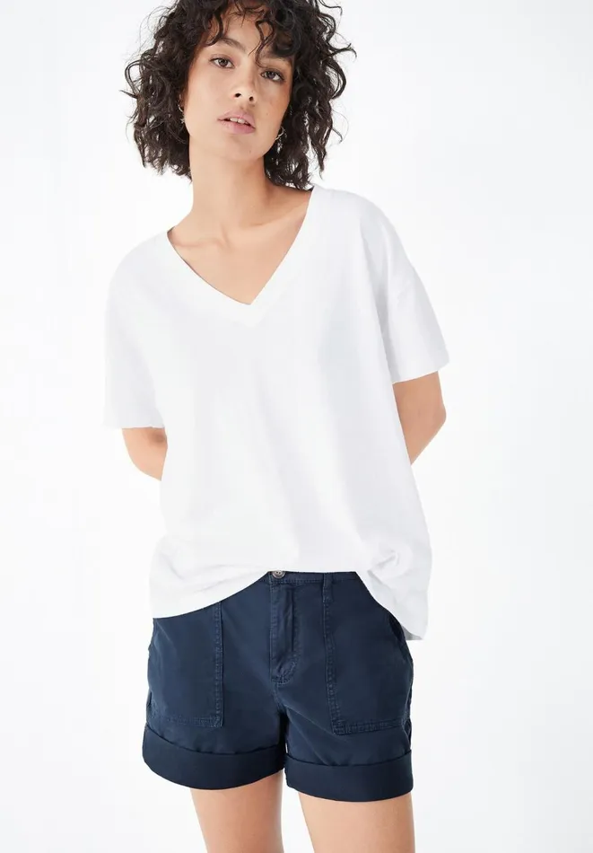 Hush Tops and Tshirts Women Linen Blend Deep V TShirt White