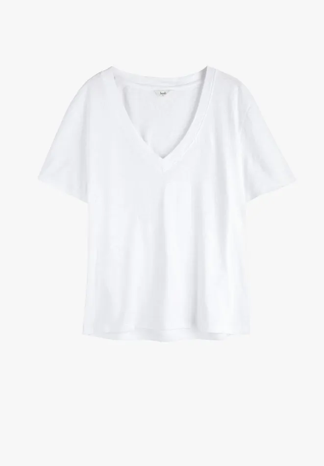 Hush Tops and Tshirts Women Linen Blend Deep V TShirt White