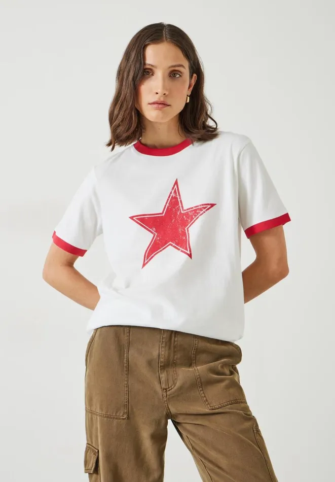 Hush Tops and Tshirts Women Shaan Star Ringer TShirt White Red