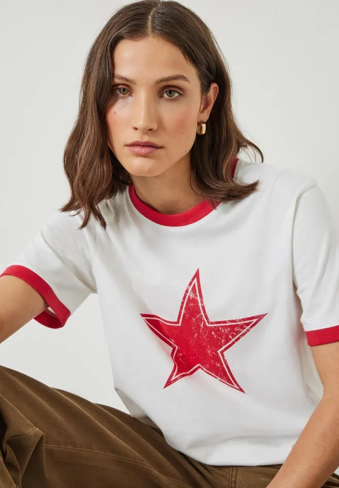 Hush Tops and Tshirts Women Shaan Star Ringer TShirt White Red Hush Tops and Tshirts Women Shaan Star Ringer TShirt White Red