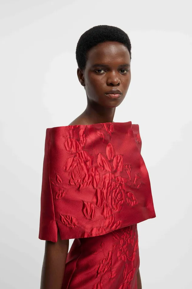 Jackets And Coats Women Bibiana Shawl In Red Graphic Rose Jacquard Emilia Wickstead
