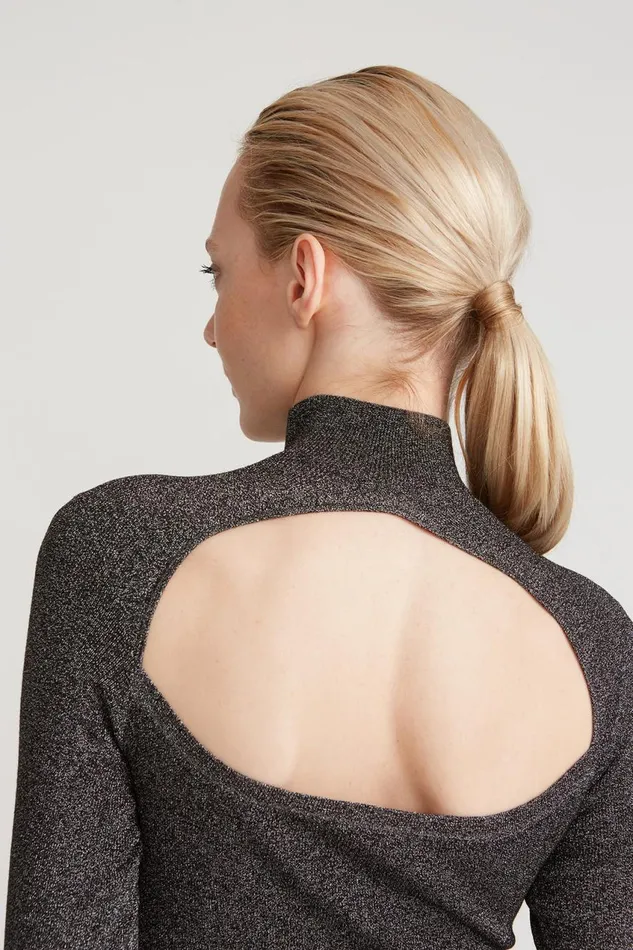Knitwear Women Halston Fai Lurex Turtleneck Sweater Black Silver
