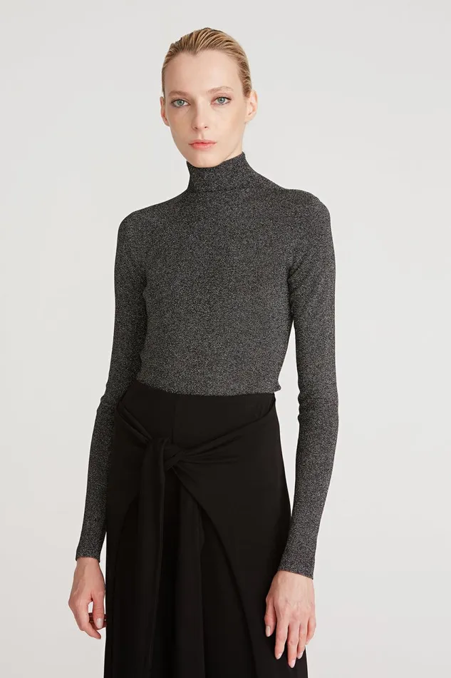 Knitwear Women Halston Fai Lurex Turtleneck Sweater Black Silver
