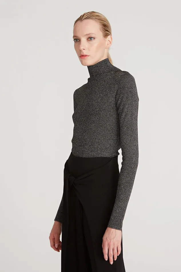 Knitwear Women Halston Fai Lurex Turtleneck Sweater Black Silver