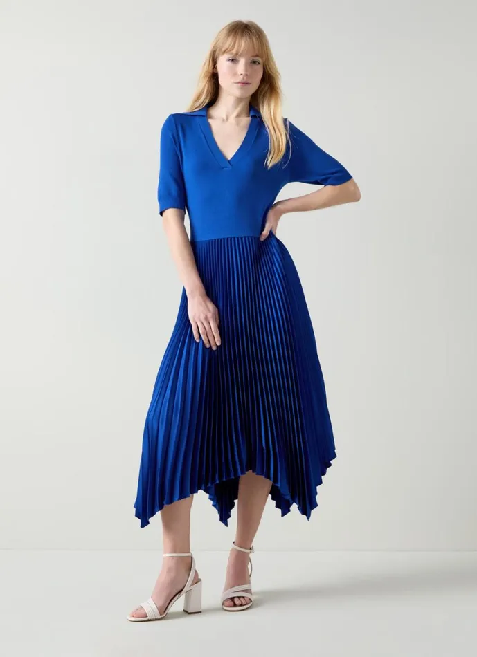 LKBennett Dresses Women Lorna Mazarine Blue Knit and Woven Pleated Dress