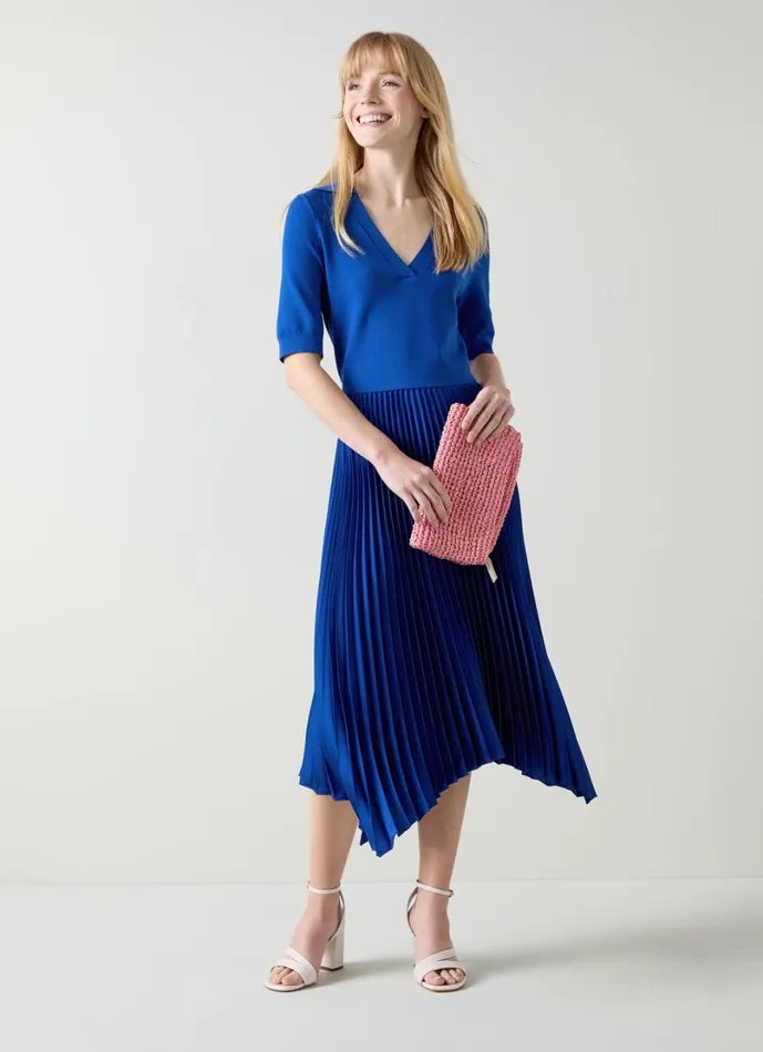 LKBennett Dresses Women Lorna Mazarine Blue Knit and Woven Pleated Dress