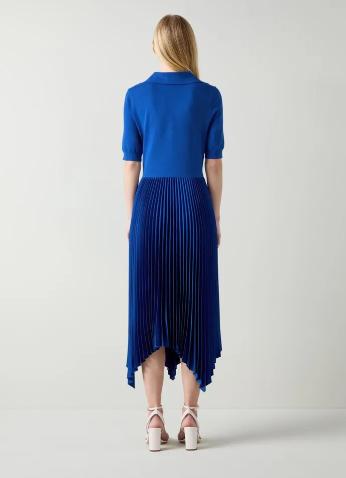 LKBennett Dresses Women Lorna Mazarine Blue Knit and Woven Pleated Dress