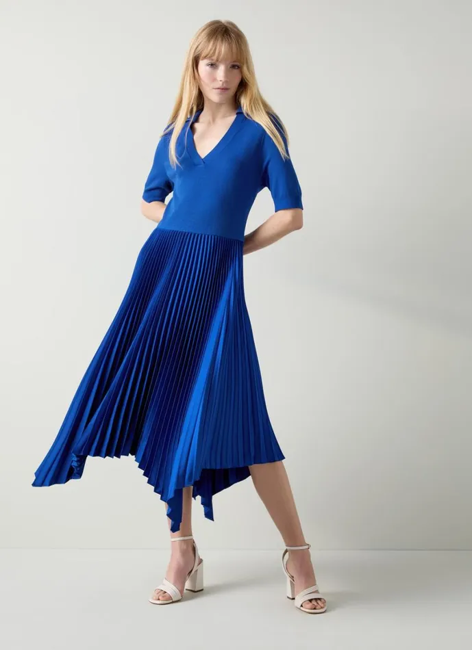 LKBennett Dresses Women Lorna Mazarine Blue Knit and Woven Pleated Dress