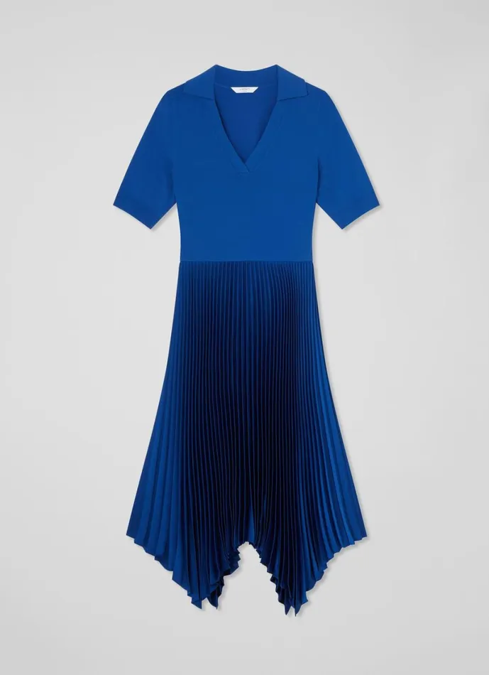 LKBennett Dresses Women Lorna Mazarine Blue Knit and Woven Pleated Dress