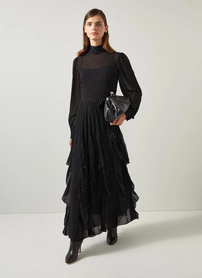 LKBennett Dresses Women Lucie Black and Ivory Polkadot Ruffle Maxi Dress