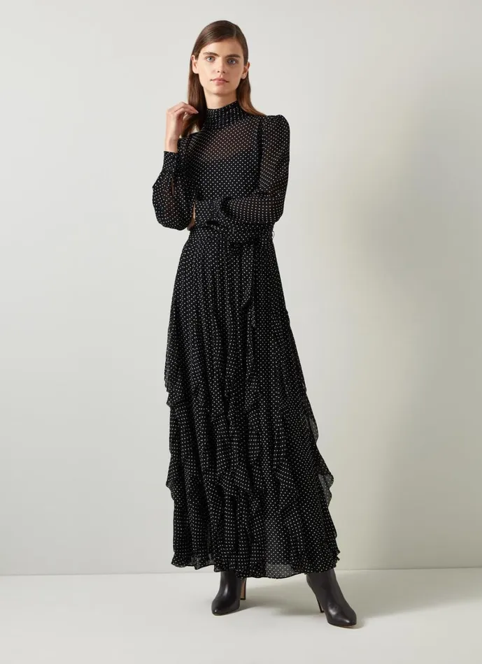 LKBennett Dresses Women Lucie Black and Ivory Polkadot Ruffle Maxi Dress LKBennett Dresses Women Lucie Black and Ivory Polkadot Ruffle Maxi Dress