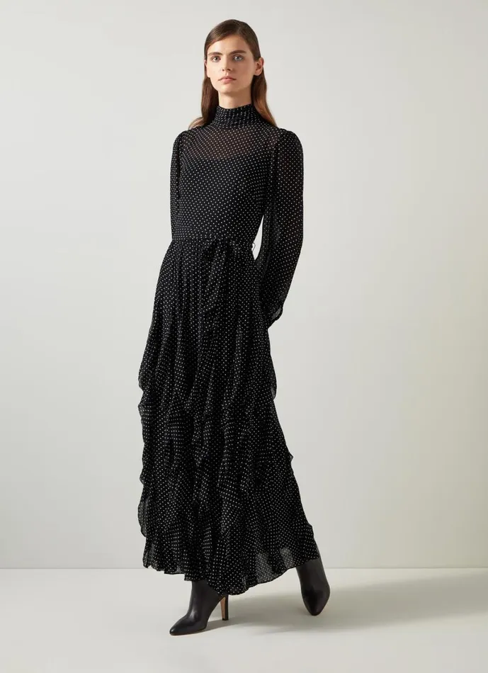 LKBennett Dresses Women Lucie Black and Ivory Polkadot Ruffle Maxi Dress LKBennett Dresses Women Lucie Black and Ivory Polkadot Ruffle Maxi Dress