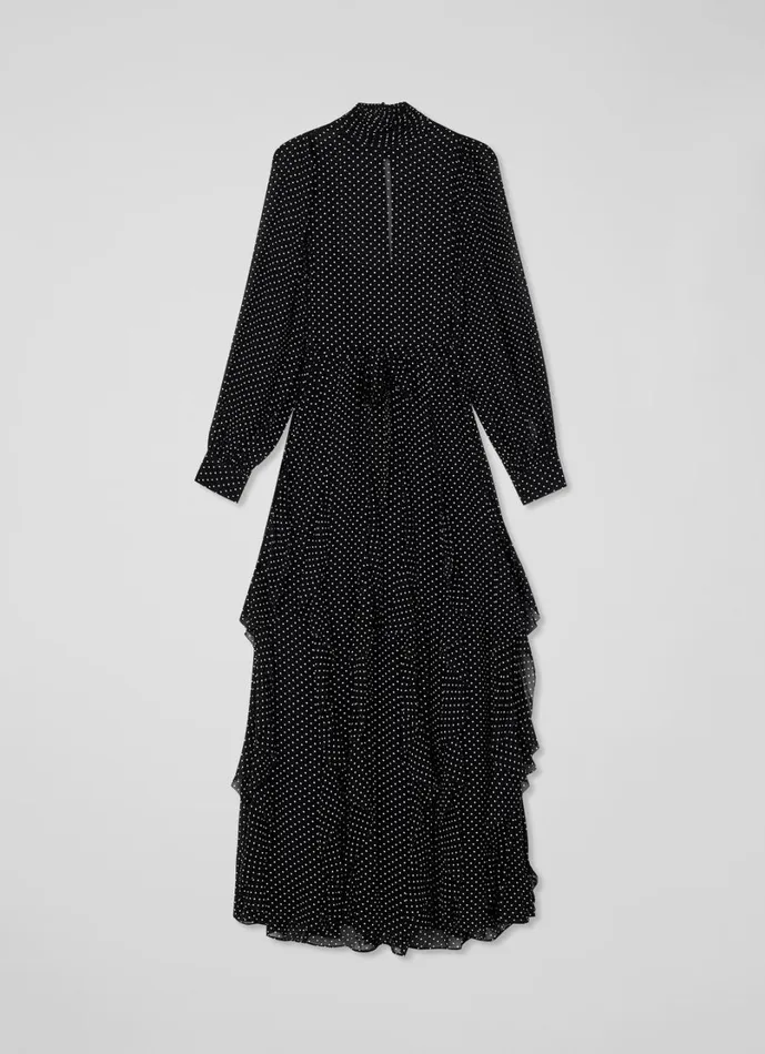 LKBennett Dresses Women Lucie Black and Ivory Polkadot Ruffle Maxi Dress LKBennett Dresses Women Lucie Black and Ivory Polkadot Ruffle Maxi Dress
