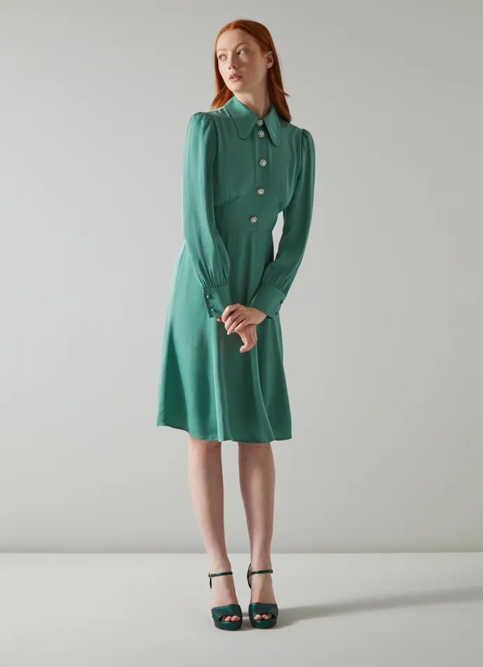 LKBennett Dresses Women Mira Green Crepe Long Sleeve Tea Dress