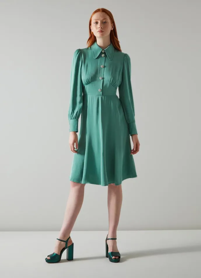 LKBennett Dresses Women Mira Green Crepe Long Sleeve Tea Dress LKBennett Dresses Women Mira Green Crepe Long Sleeve Tea Dress