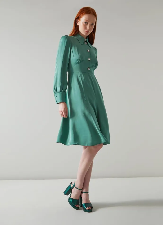 LKBennett Dresses Women Mira Green Crepe Long Sleeve Tea Dress LKBennett Dresses Women Mira Green Crepe Long Sleeve Tea Dress