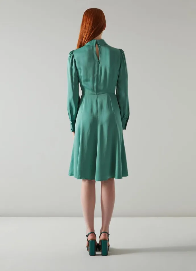 LKBennett Dresses Women Mira Green Crepe Long Sleeve Tea Dress LKBennett Dresses Women Mira Green Crepe Long Sleeve Tea Dress