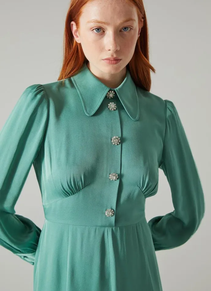 LKBennett Dresses Women Mira Green Crepe Long Sleeve Tea Dress LKBennett Dresses Women Mira Green Crepe Long Sleeve Tea Dress
