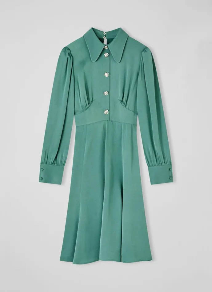 LKBennett Dresses Women Mira Green Crepe Long Sleeve Tea Dress LKBennett Dresses Women Mira Green Crepe Long Sleeve Tea Dress