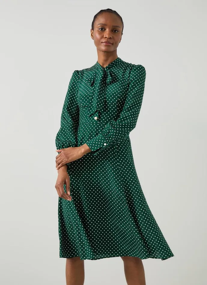 LKBennett Dresses Women Mortimer Green and Cream Polka Dot Silk Dress