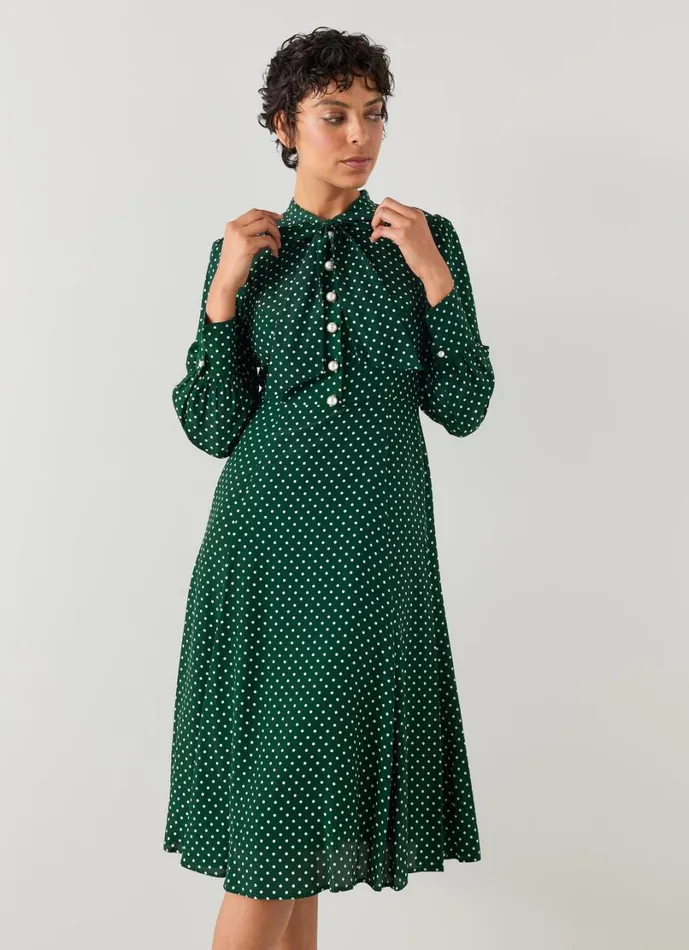 LKBennett Dresses Women Mortimer Green and Cream Polka Dot Silk Dress LKBennett Dresses Women Mortimer Green and Cream Polka Dot Silk Dress