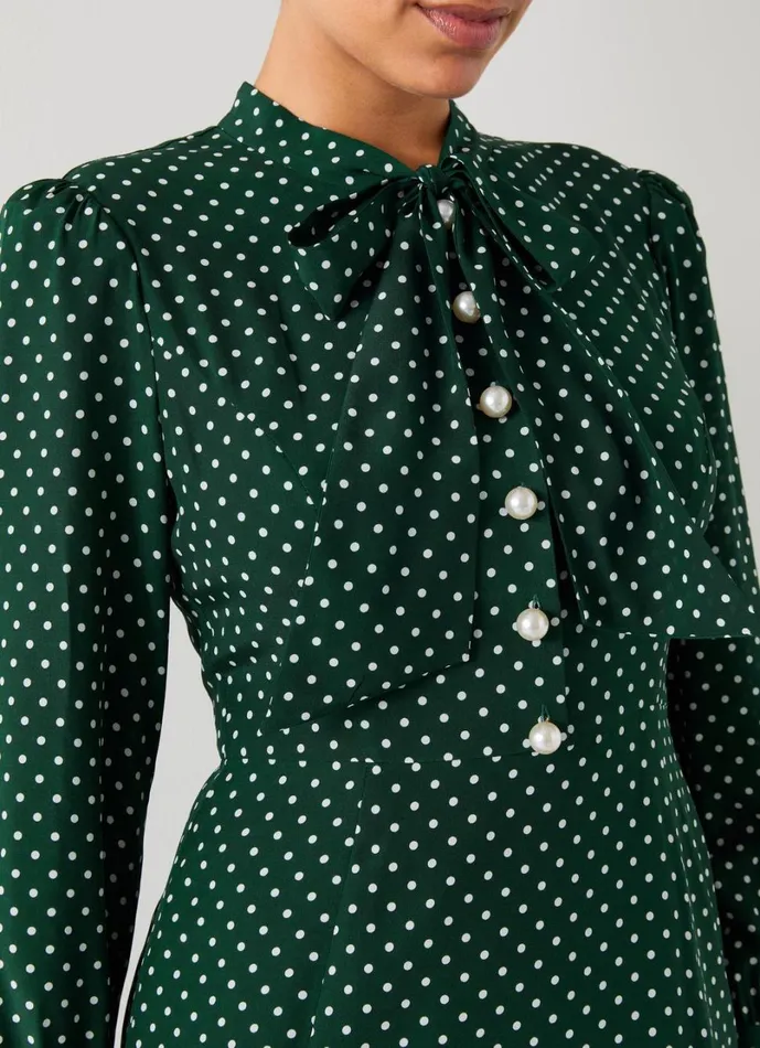 LKBennett Dresses Women Mortimer Green and Cream Polka Dot Silk Dress LKBennett Dresses Women Mortimer Green and Cream Polka Dot Silk Dress