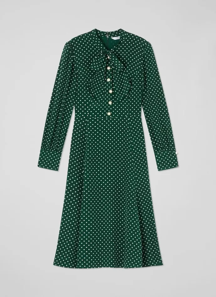 LKBennett Dresses Women Mortimer Green and Cream Polka Dot Silk Dress LKBennett Dresses Women Mortimer Green and Cream Polka Dot Silk Dress