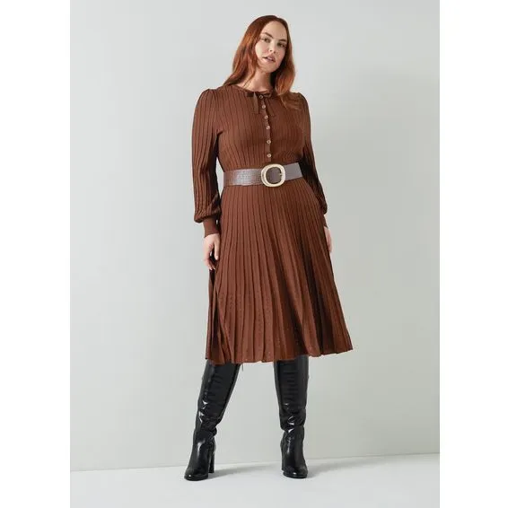 LKBennett Dresses Women Susannah Brown Rib Knit Pleated Dress