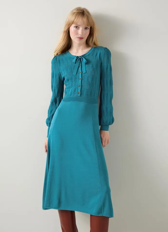 LKBennett Dresses Women Susannah Dark Teal Tie Neck Pointelle Fit And Flare Dress