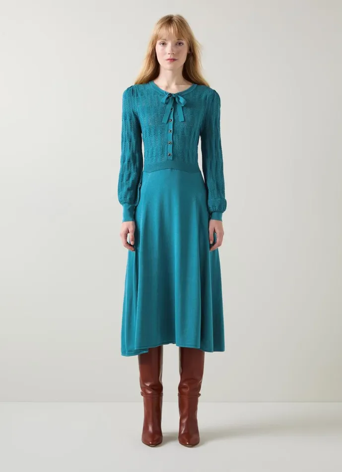 LKBennett Dresses Women Susannah Dark Teal Tie Neck Pointelle Fit And Flare Dress LKBennett Dresses Women Susannah Dark Teal Tie Neck Pointelle Fit And Flare Dress