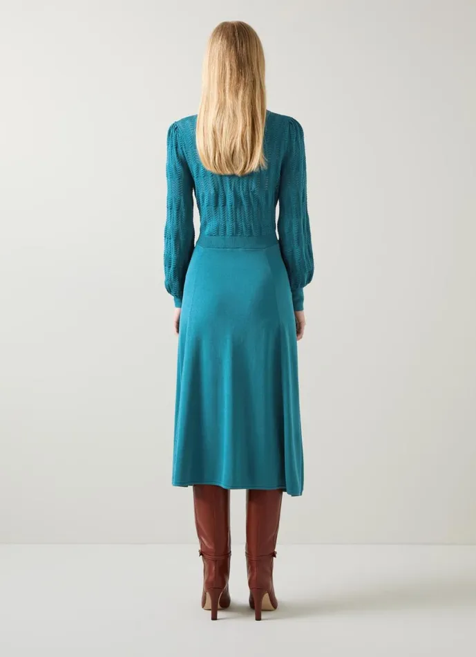 LKBennett Dresses Women Susannah Dark Teal Tie Neck Pointelle Fit And Flare Dress LKBennett Dresses Women Susannah Dark Teal Tie Neck Pointelle Fit And Flare Dress