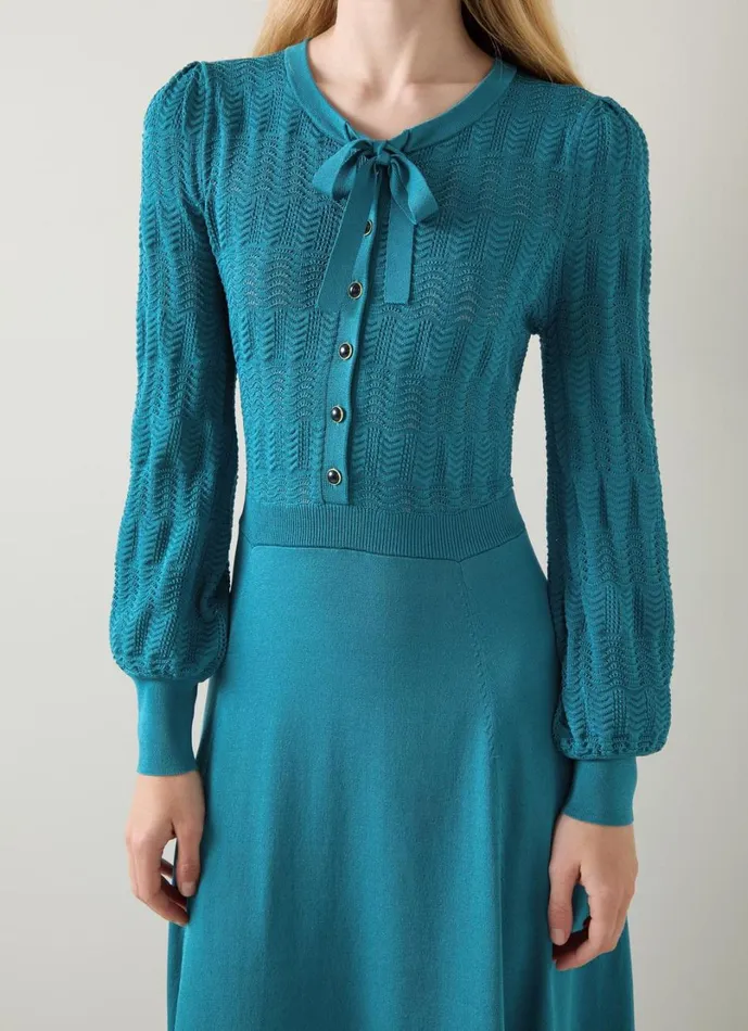 LKBennett Dresses Women Susannah Dark Teal Tie Neck Pointelle Fit And Flare Dress LKBennett Dresses Women Susannah Dark Teal Tie Neck Pointelle Fit And Flare Dress