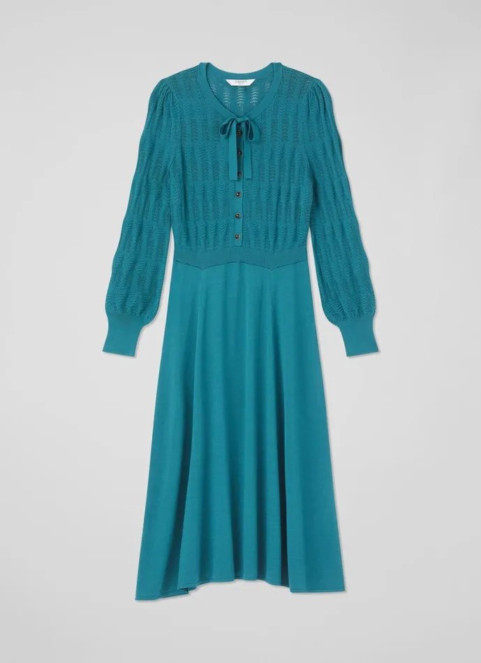 LKBennett Dresses Women Susannah Dark Teal Tie Neck Pointelle Fit And Flare Dress LKBennett Dresses Women Susannah Dark Teal Tie Neck Pointelle Fit And Flare Dress