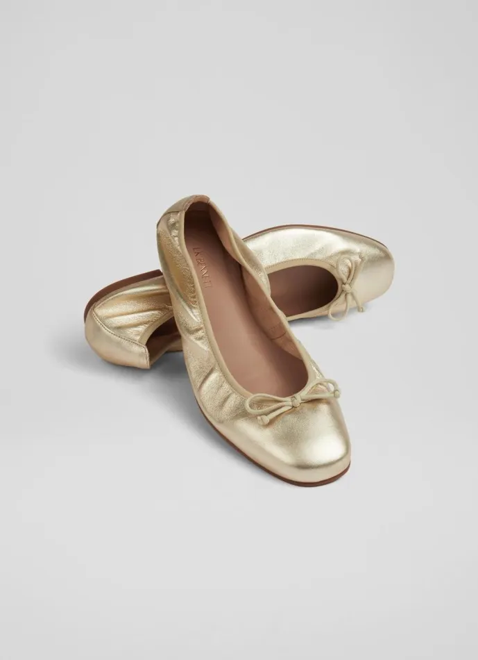 LKBennett Flats Women Trilly Gold Metallic Leather Ballerina Pumps LKBennett Flats Women Trilly Gold Metallic Leather Ballerina Pumps