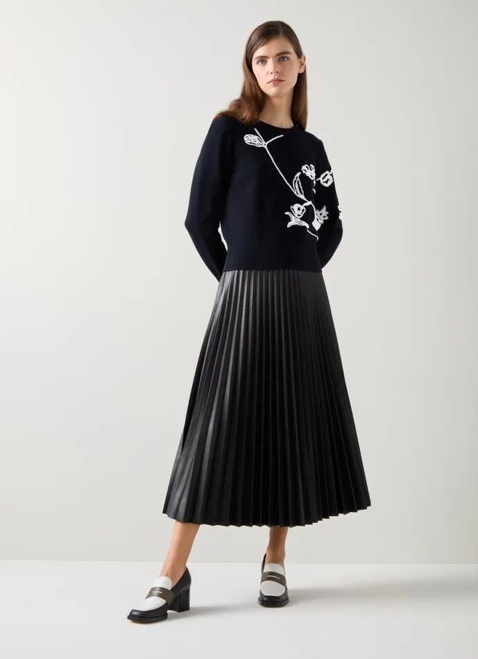 LKBennett Knitwear Women Henrietta Black and Cream Flower LENZING ECOVERO Detail Jumper