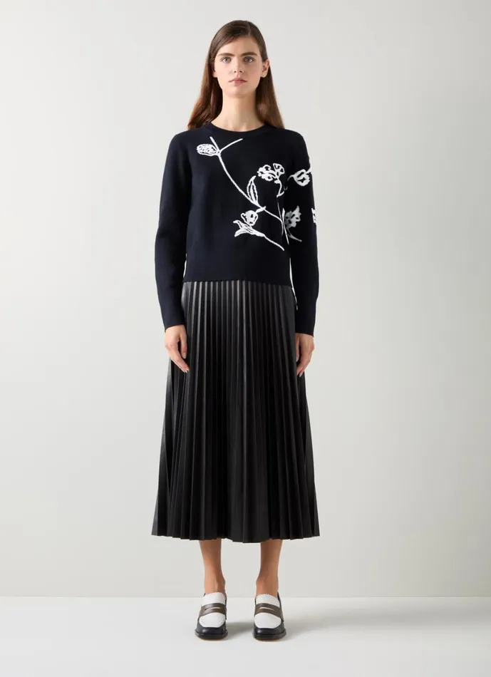 LKBennett Knitwear Women Henrietta Black and Cream Flower LENZING ECOVERO Detail Jumper