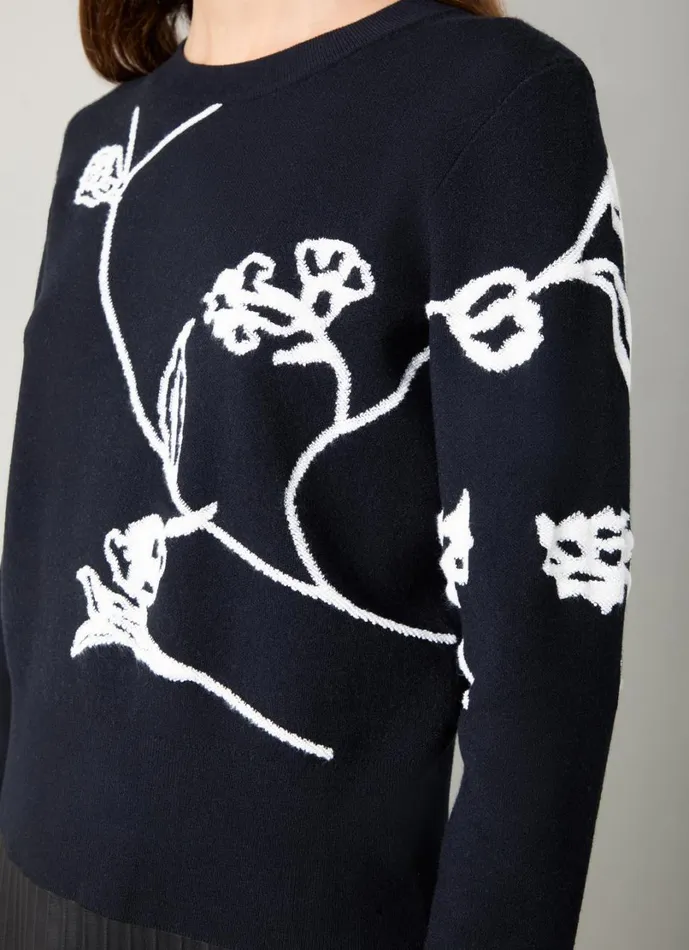 LKBennett Knitwear Women Henrietta Black and Cream Flower LENZING ECOVERO Detail Jumper