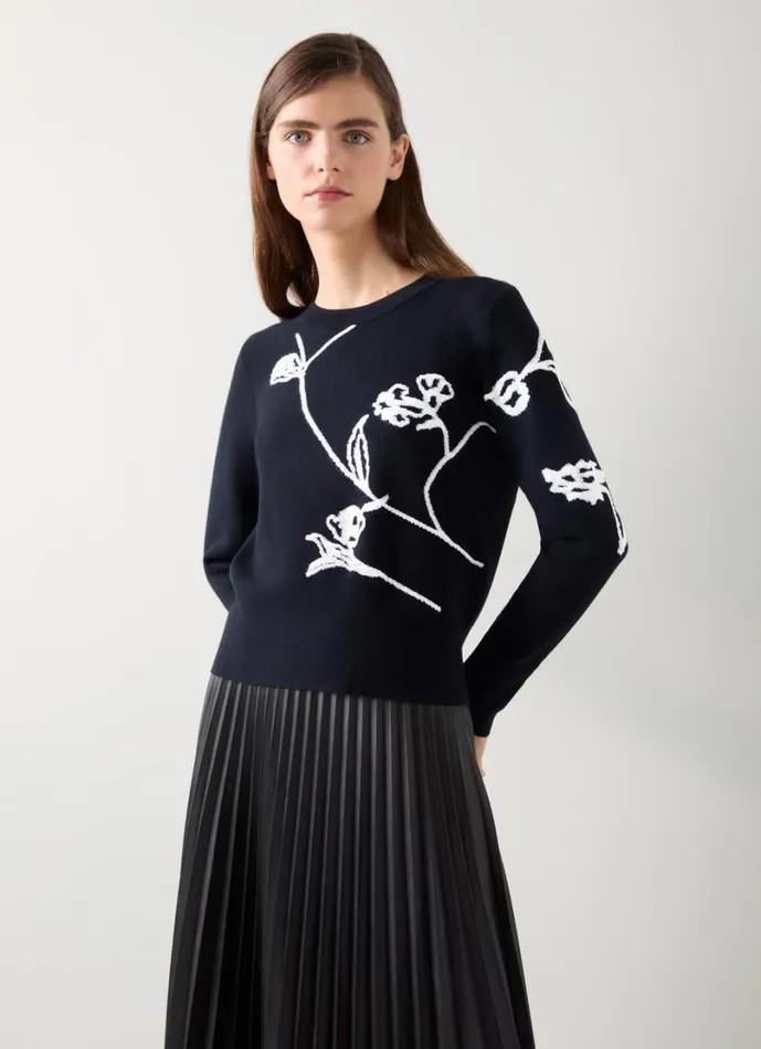 LKBennett Knitwear Women Henrietta Black and Cream Flower LENZING ECOVERO Detail Jumper