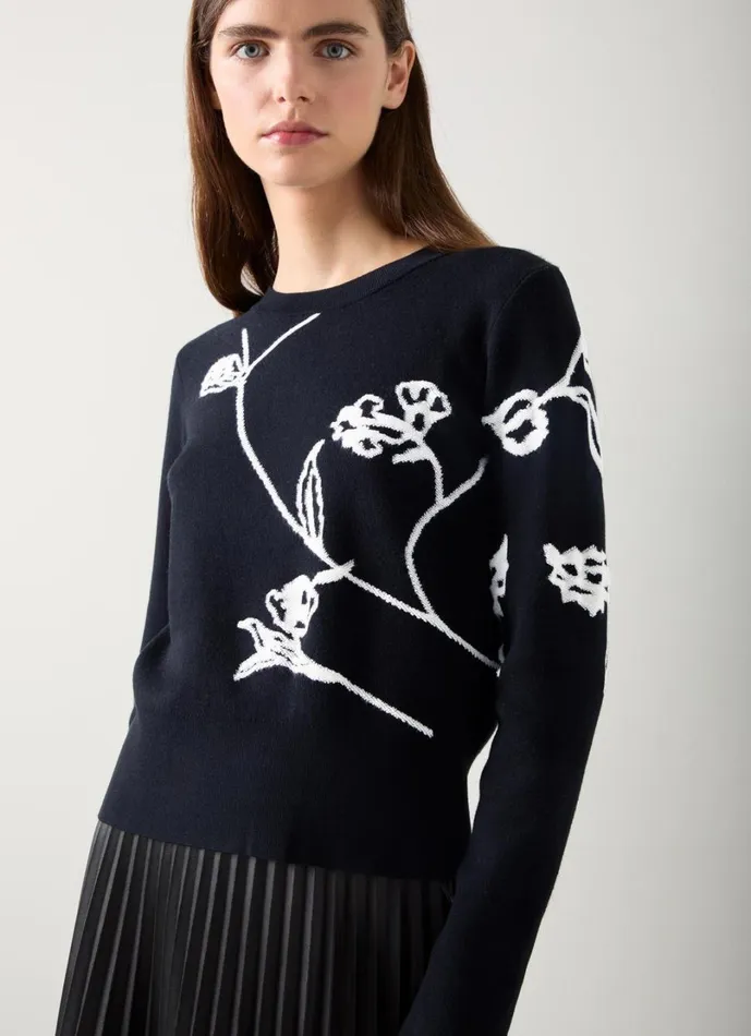 LKBennett Knitwear Women Henrietta Black and Cream Flower LENZING ECOVERO Detail Jumper