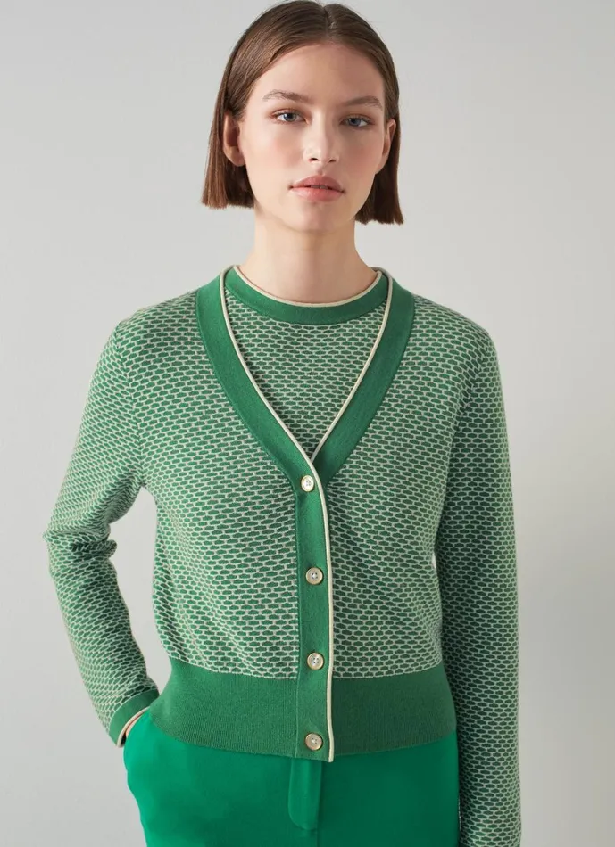 LKBennett Knitwear Women Honey Green And Cream CottonMerino Waffle Knit Cardigan LKBennett Knitwear Women Honey Green And Cream CottonMerino Waffle Knit Cardigan