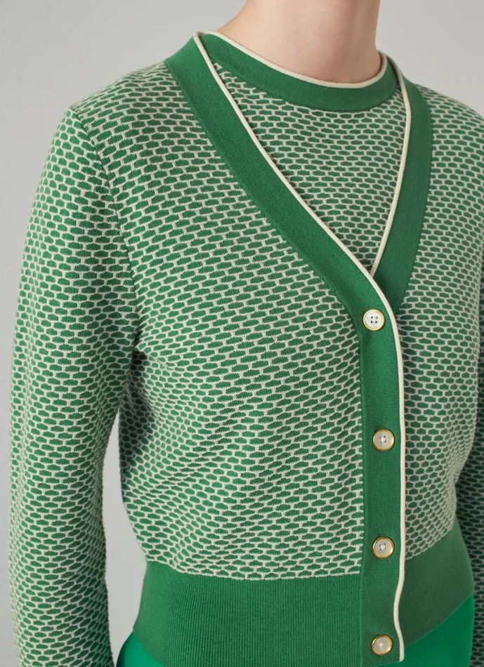 LKBennett Knitwear Women Honey Green And Cream CottonMerino Waffle Knit Cardigan LKBennett Knitwear Women Honey Green And Cream CottonMerino Waffle Knit Cardigan