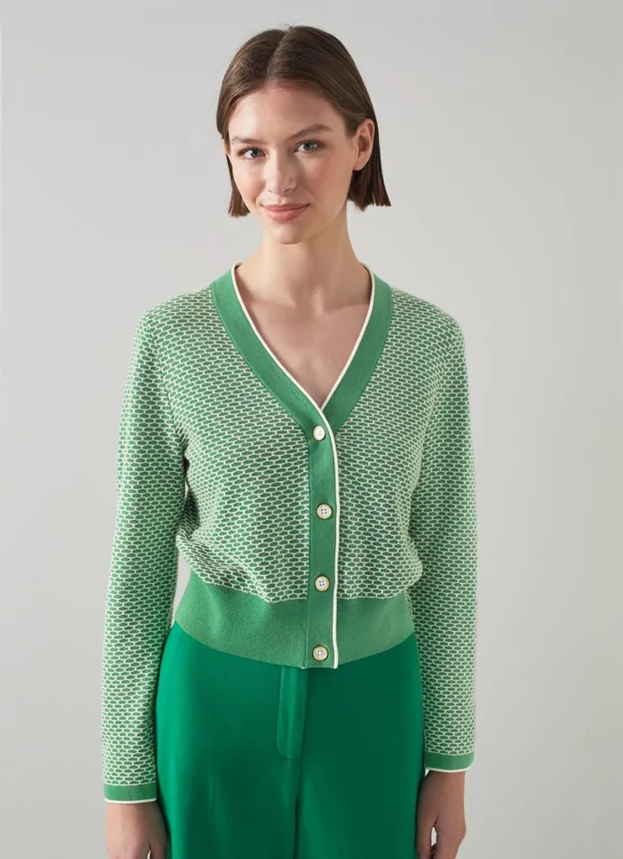 LKBennett Knitwear Women Honey Green And Cream CottonMerino Waffle Knit Cardigan LKBennett Knitwear Women Honey Green And Cream CottonMerino Waffle Knit Cardigan