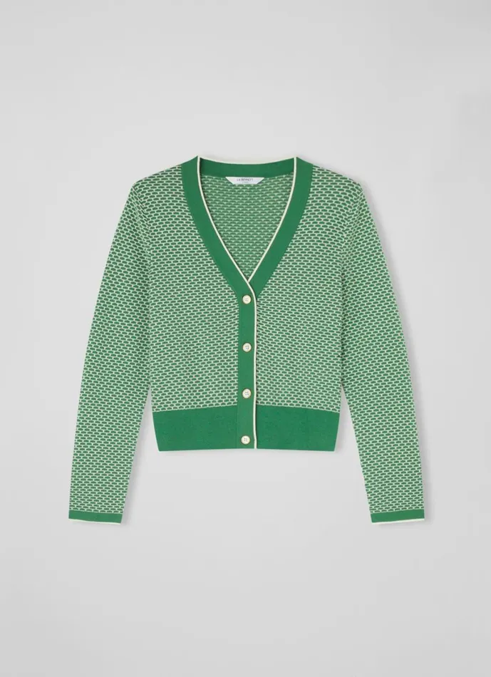 LKBennett Knitwear Women Honey Green And Cream CottonMerino Waffle Knit Cardigan LKBennett Knitwear Women Honey Green And Cream CottonMerino Waffle Knit Cardigan