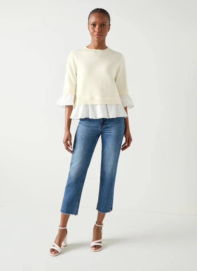 LKBennett Knitwear Women Maisie Ivory and White Poplin Organic Cotton Frill Trim Jumper