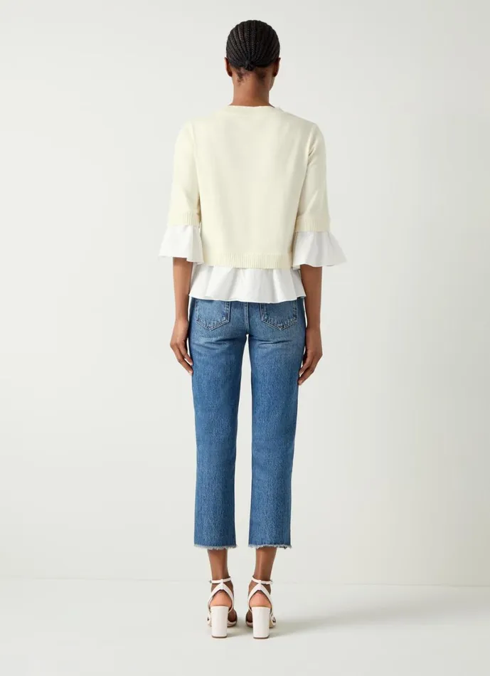 LKBennett Knitwear Women Maisie Ivory and White Poplin Organic Cotton Frill Trim Jumper