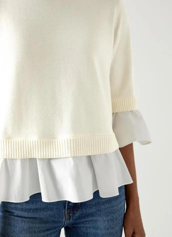 LKBennett Knitwear Women Maisie Ivory and White Poplin Organic Cotton Frill Trim Jumper