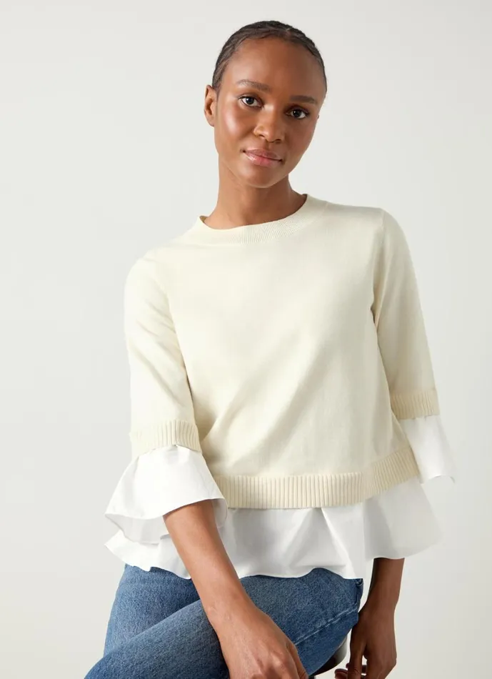LKBennett Knitwear Women Maisie Ivory and White Poplin Organic Cotton Frill Trim Jumper