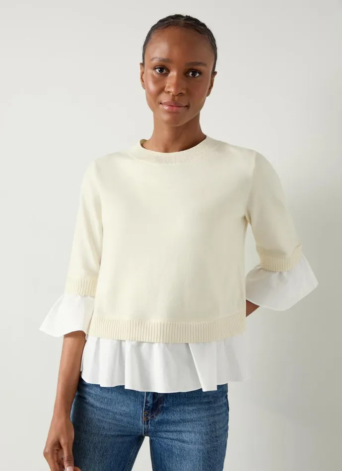 LKBennett Knitwear Women Maisie Ivory and White Poplin Organic Cotton Frill Trim Jumper