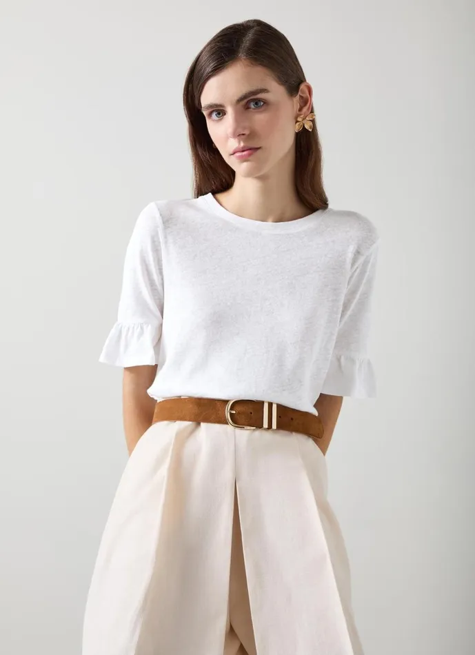 LKBennett Tops Women Gene Linen Frill TShirt In White LKBennett Tops Women Gene Linen Frill TShirt In White